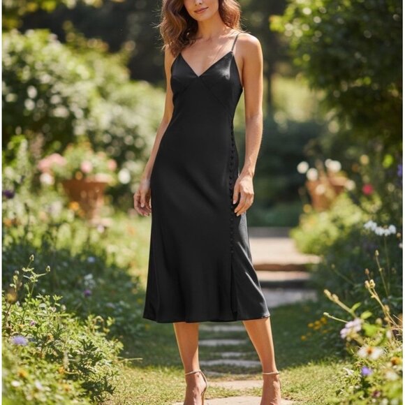 Club Monaco Dresses & Skirts - Club Monaco Womens Sz 2 Slip Dress Black V-Neck Midi Babydoll Elegant Classic